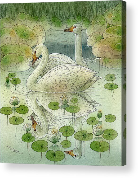 Swan Birds Lake Water Green White Water Lilies Acrylic Print featuring the painting the Swans by Kestutis Kasparavicius