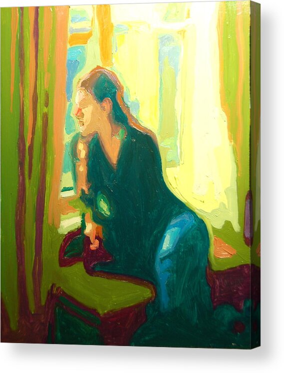 Light Streams In Through Window And Illuminates Young Lady Sittingon A Window Seat. The Painting Is Reduced To Basice Colors And Shapes. Olive Green Purple Yellow And Blue Acrylic Print featuring the painting Window Seat Afternoon Light by Thomas Bertram POOLE