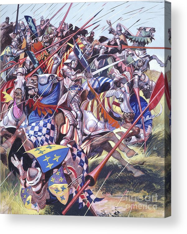 King; Monarch; Battle; Calais; Medieval; Knight; Horse; Longbow; Shield; Armour; Spear; Arrow; Sword; Battle; Soldiers; France; Middle Ages; Azincourt Acrylic Print featuring the painting Agincourt The Impossible Victory 25 October 1415 by Ron Embleton