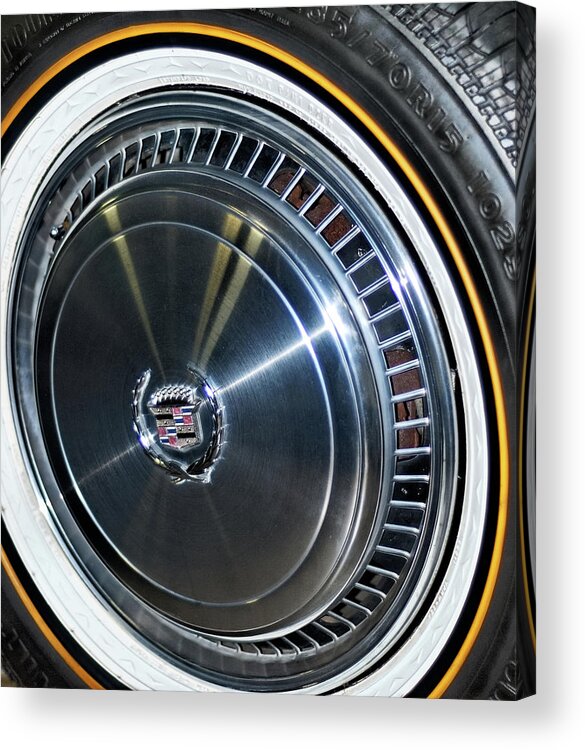 Vogue Acrylic Print featuring the photograph Cadillac Vogue Gold Stripe Tire #1 by Julie Niemela
