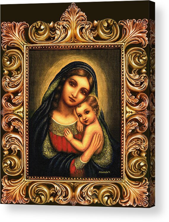 Madonna And Child Acrylic Print featuring the mixed media Oval Madonna #1 by Ananda Vdovic