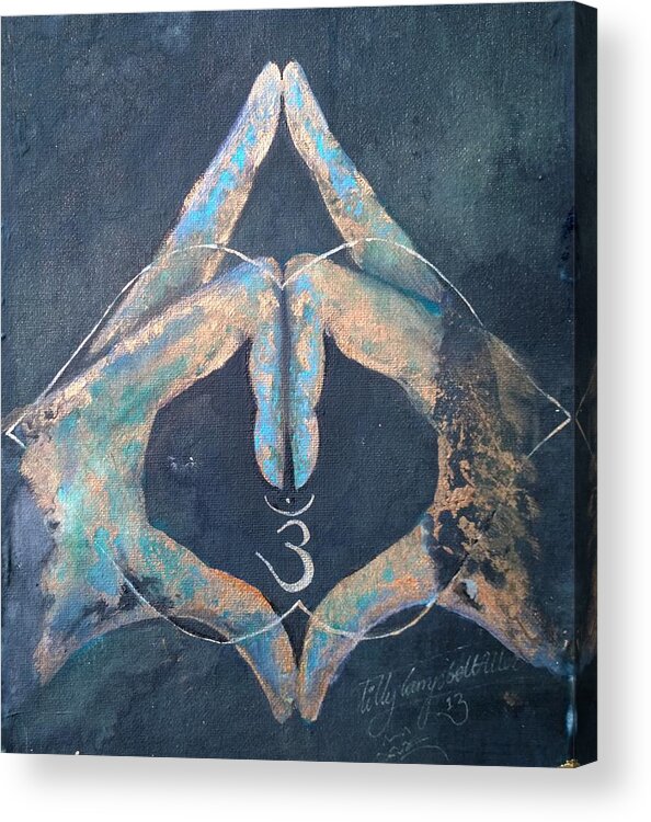 Ajna Acrylic Print featuring the painting Ajna - third eye, blue hand, chakra mudra. by Silk Alchemy