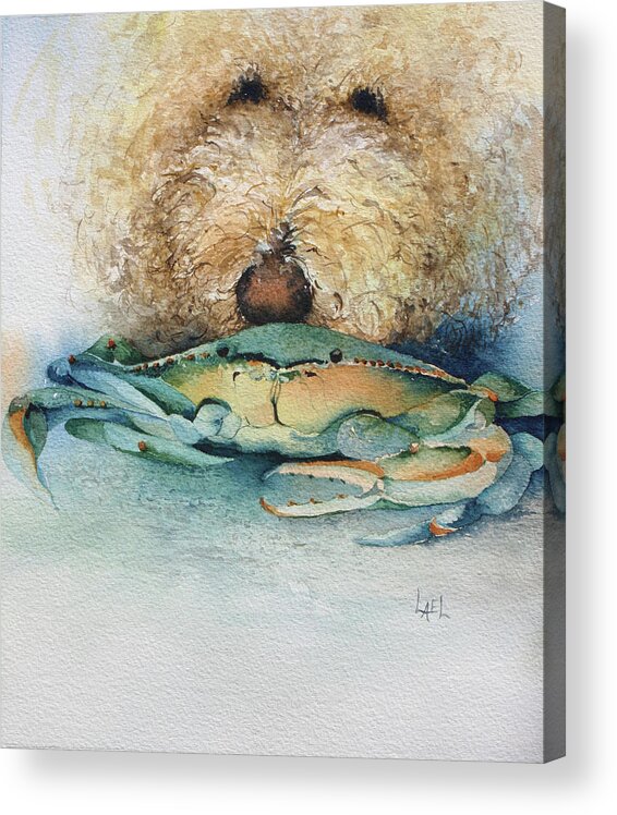 Dog Acrylic Print featuring the painting Barklee and the Crab by Lael Rutherford
