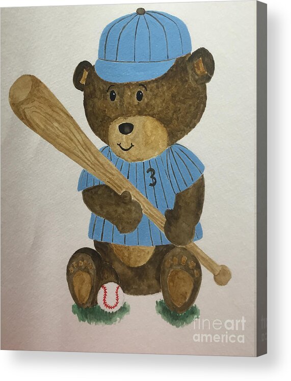 Kids Acrylic Print featuring the painting Benny bear baseball by Tamir Barkan