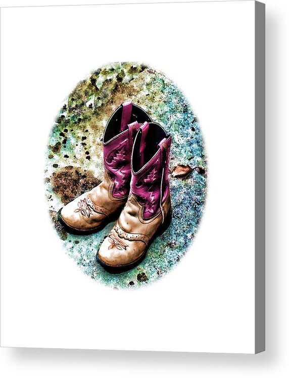 Western Cowgirl Boots Acrylic Print featuring the photograph Colors of A Cowgirl Oval White by Lesa Fine
