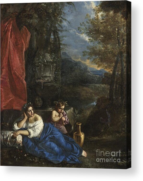 Pier Francesco Mola Acrylic Print featuring the painting Flora And The Infant Bacchus In A Wooded Landscape by Celestial Images