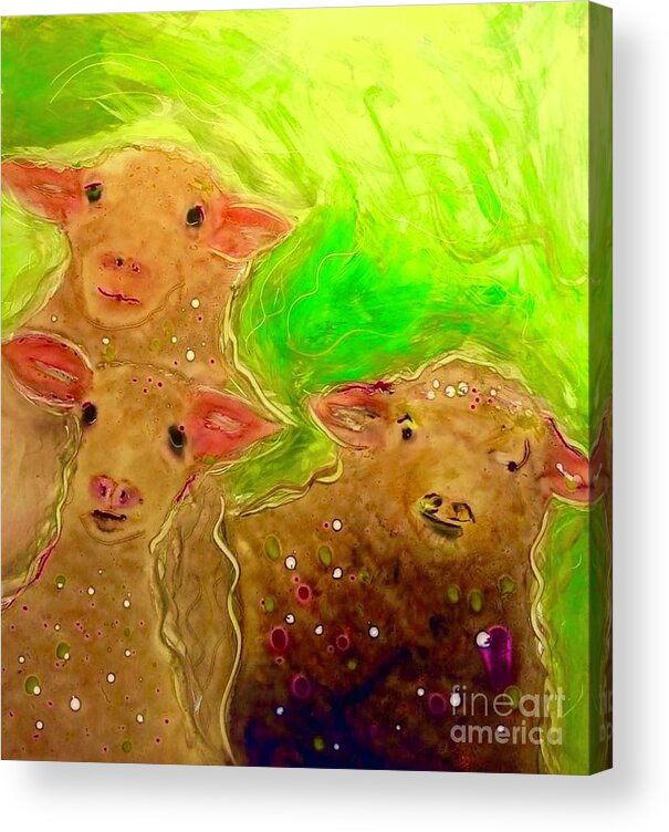 Sheep Whimsical Children Illustrations Wool Spinners Weavers Lambs Acrylic Print featuring the painting Hay What dew Ewe Know by FeatherStone Studio Julie A Miller