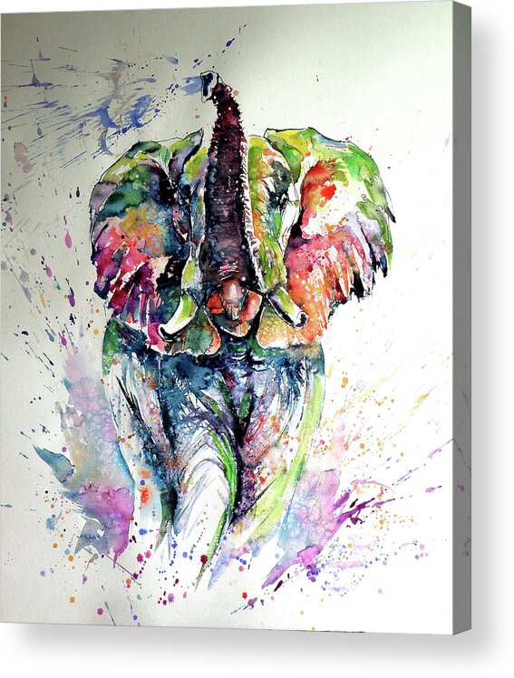 Elephant Acrylic Print featuring the painting Majestic elephant playing by Kovacs Anna Brigitta