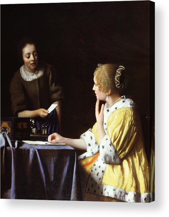 Jan Vermeer Acrylic Print featuring the painting Mistress and Maid by Jan Vermeer