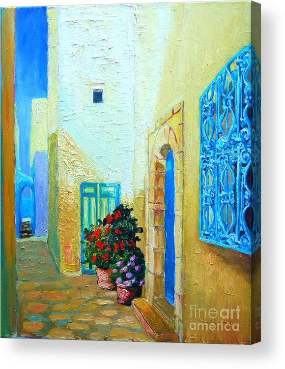 Blue Acrylic Print featuring the painting Narrow street in Hammamet by Ana Maria Edulescu