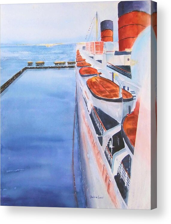 Queen Mary Acrylic Print featuring the painting Queen Mary from the Bridge by Debbie Lewis
