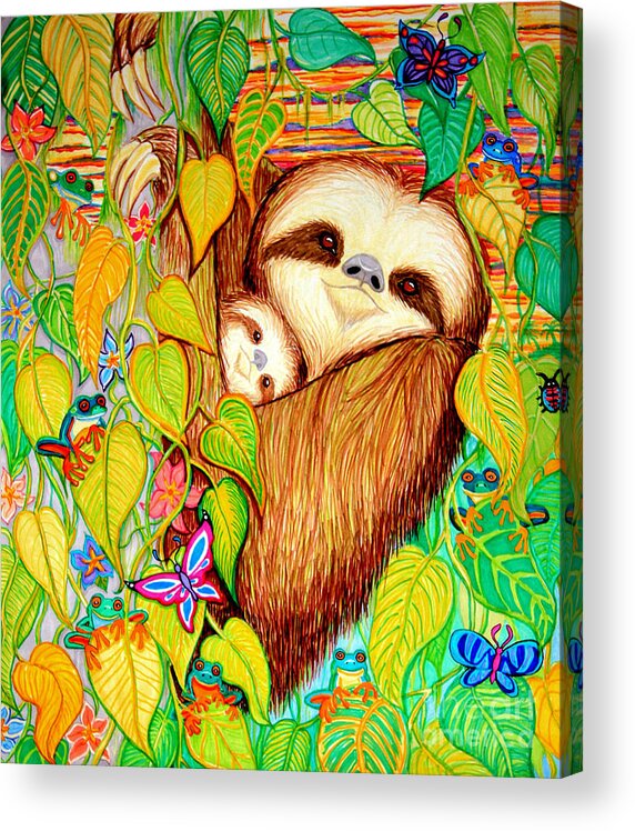 Mother And Baby Sloth Acrylic Print featuring the drawing Rain Forest Survival Mother and Baby Three Toed Sloth by Nick Gustafson