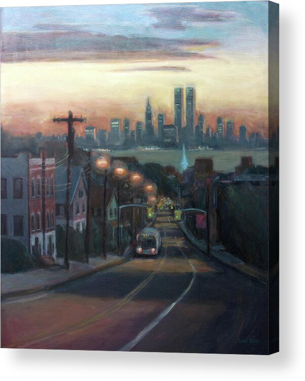 Manhattan Skyline Acrylic Print featuring the painting Victory Boulevard at Dawn by Sarah Yuster