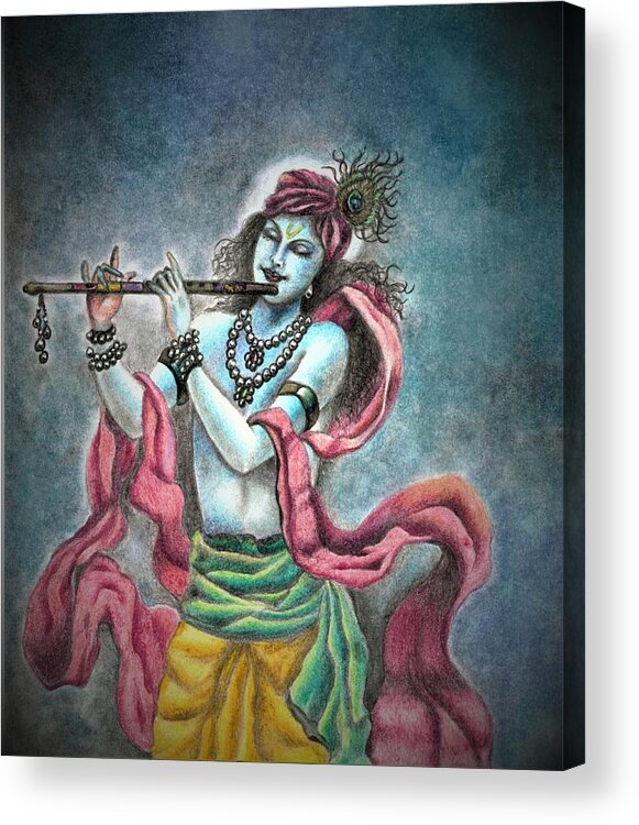 Krishna Acrylic Print featuring the drawing The divine flute player by Tara Krishna