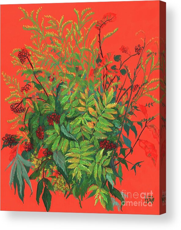 Autumnal Plants Bouquet Acrylic Print featuring the painting Autumn floral, rowan leaves, elder berries and goldenrod by Julia Khoroshikh