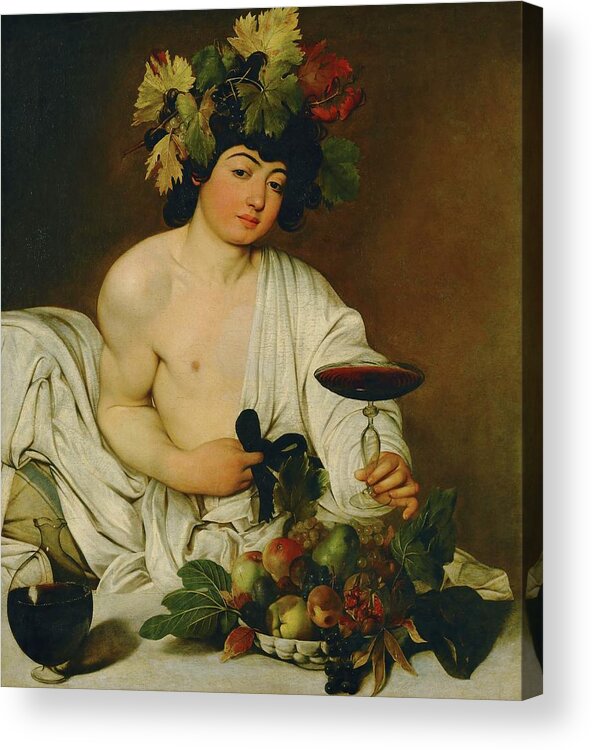 Bacchus Acrylic Print featuring the painting Bacchus, 1589 Canvas, 95 x 85 cm Inv.5312. by Caravaggio -c 1570-1610-
