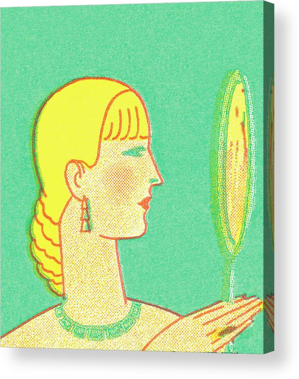 Adult Acrylic Print featuring the drawing Blond woman looking in hand mirror by CSA Images