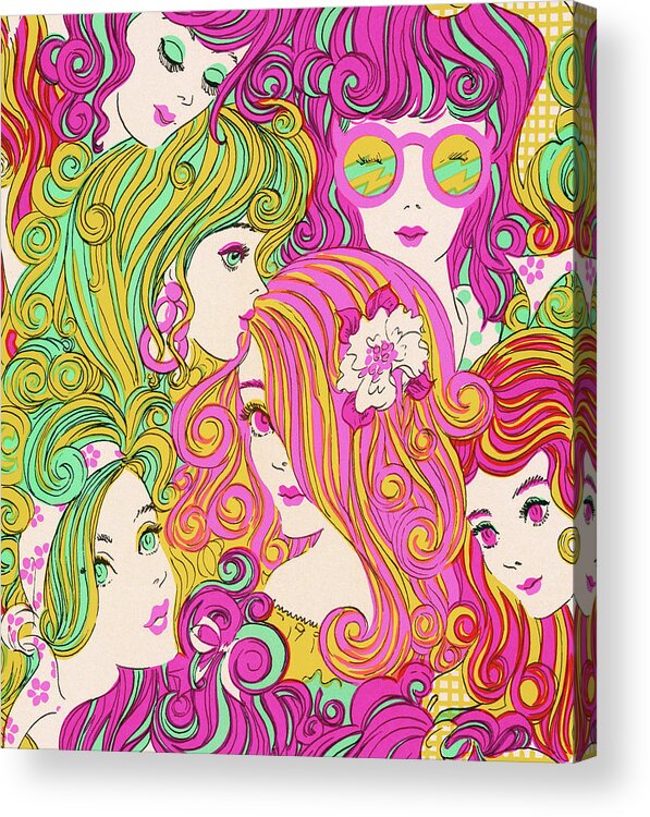 Abstract Acrylic Print featuring the drawing Groovy Girls With Colored Hair by CSA Images