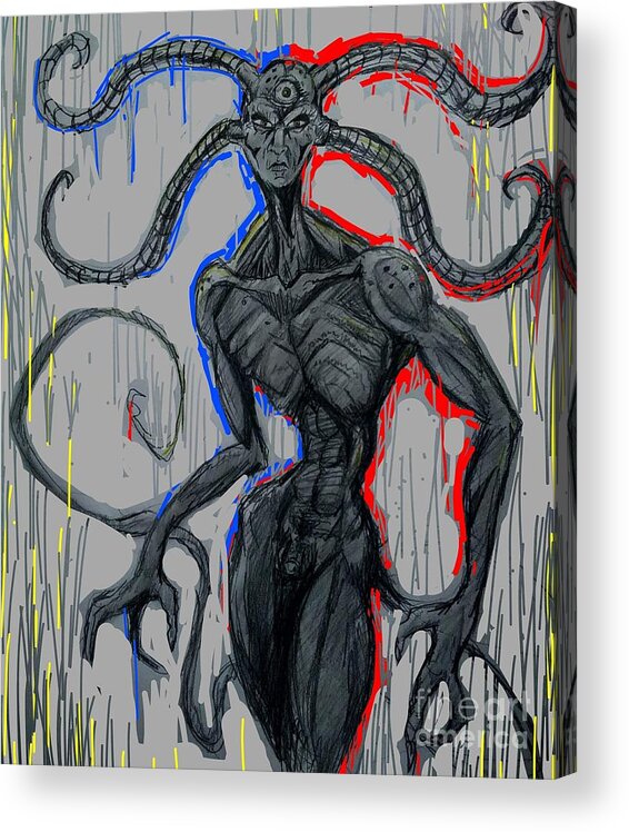 Demonic Acrylic Print featuring the mixed media Three eyed demon by Mark Bradley