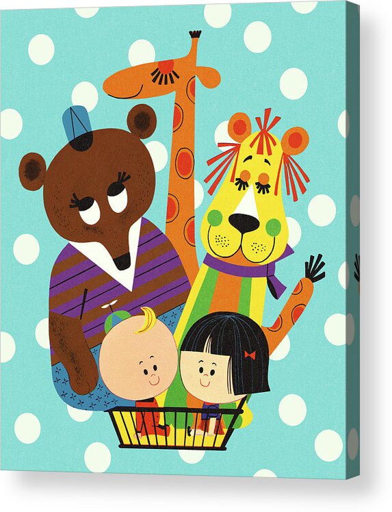 Animal Acrylic Print featuring the drawing Three Zoo Animals and Two Children by CSA Images