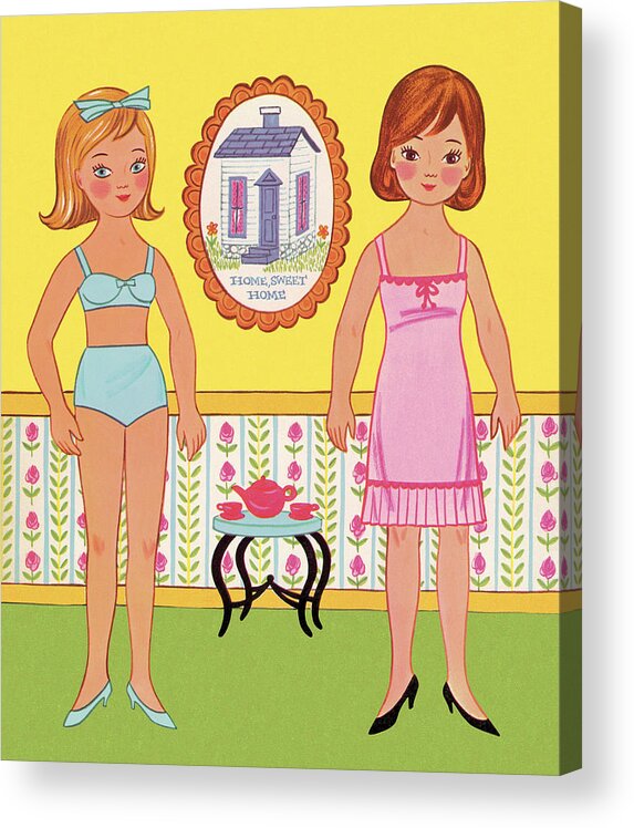 Adolescence Acrylic Print featuring the drawing Two Girls Dressed in their Underwear by CSA Images