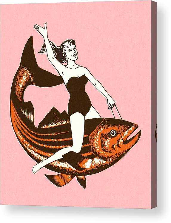 Adult Acrylic Print featuring the drawing Woman Riding a Fish by CSA Images