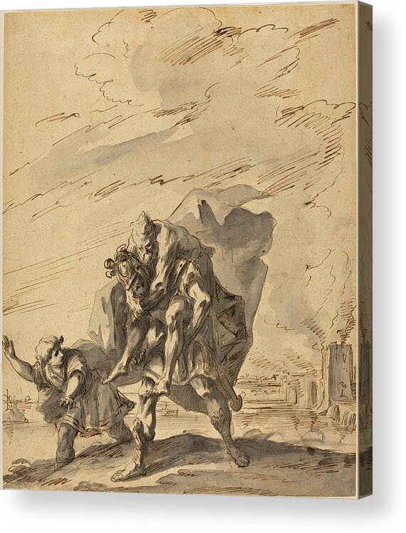 Gaspare Diziani Acrylic Print featuring the drawing Aeneas Carrying Anchises from Burning Troy by Gaspare Diziani