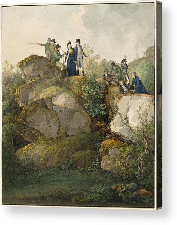 Johann Georg Von Dillis Acrylic Print featuring the drawing A Royal Party Admiring the Sunset atop the Hesselberg Mountain by Johann Georg von Dillis