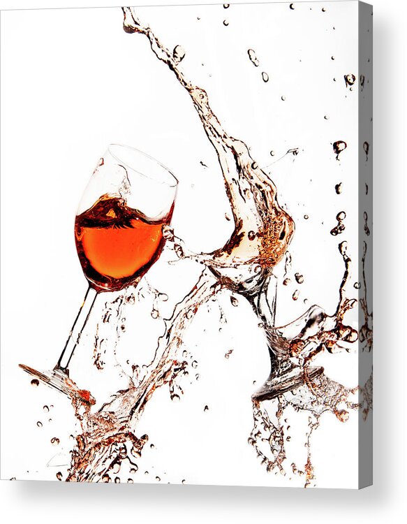 Damaged Acrylic Print featuring the photograph Broken wine glasses with wine splashes on a white background by Michalakis Ppalis