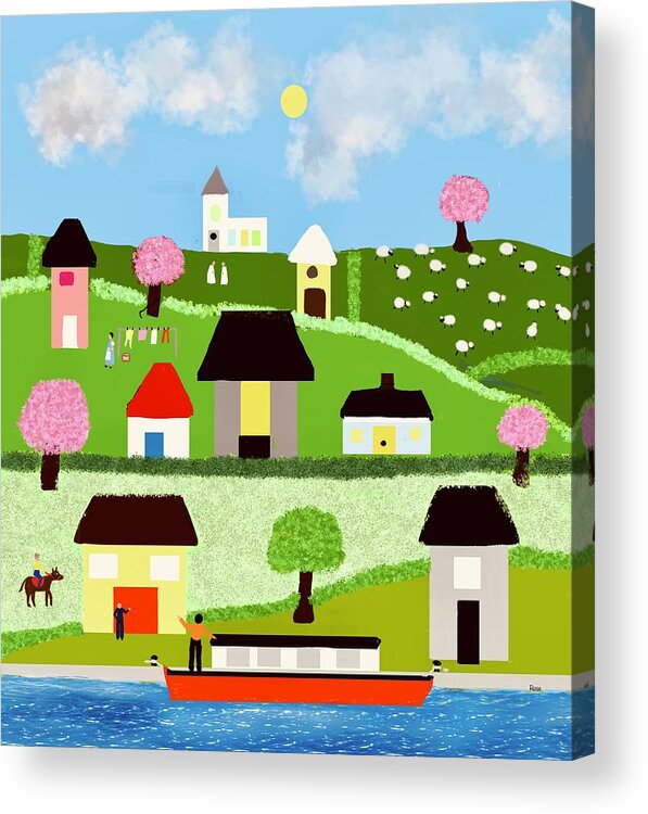 Illustration Acrylic Print featuring the digital art A busy day in the faraway village by Elaine Hayward