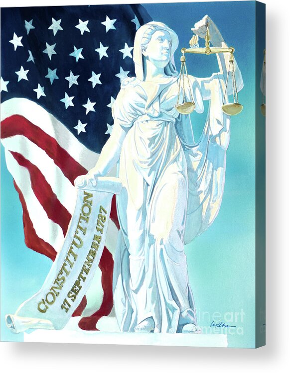 Tom Lydon Acrylic Print featuring the painting America - Genius of America - Justice Holding Scale And Scrolls by Tom Lydon