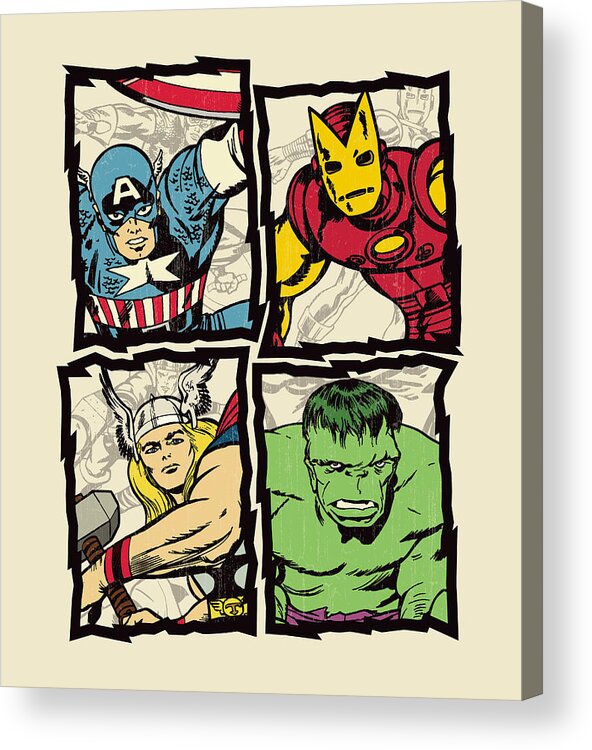 Avengers Acrylic Print featuring the digital art Avengers Silver Age Quad - Distressed by Edward Draganski
