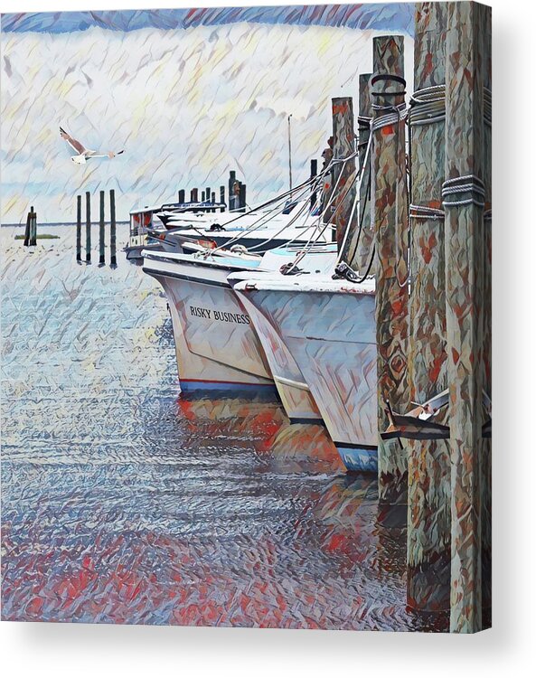Obx Acrylic Print featuring the digital art Boats And Seagull At Oregon Inlet 2020c by Cathy Lindsey