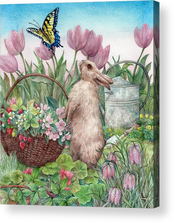 Illustrated Bunny Acrylic Print featuring the painting Bunny in Spring Garden by Judith Cheng