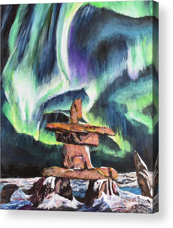 Inukshuk Acrylic Print featuring the painting Dancing Lights - Churchill by Marilyn McNish