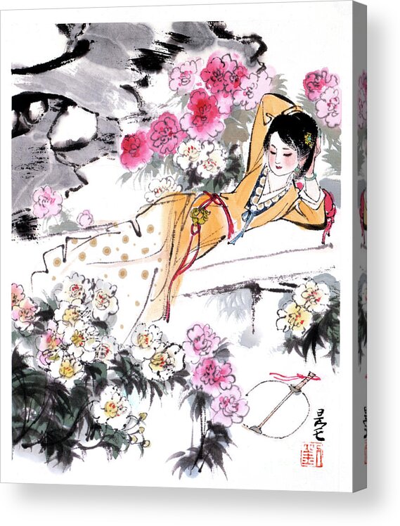 Liu Danzhai Acrylic Print featuring the painting Dream of the Red Chamber - Woman Laying In Garden by Liu Danzhai