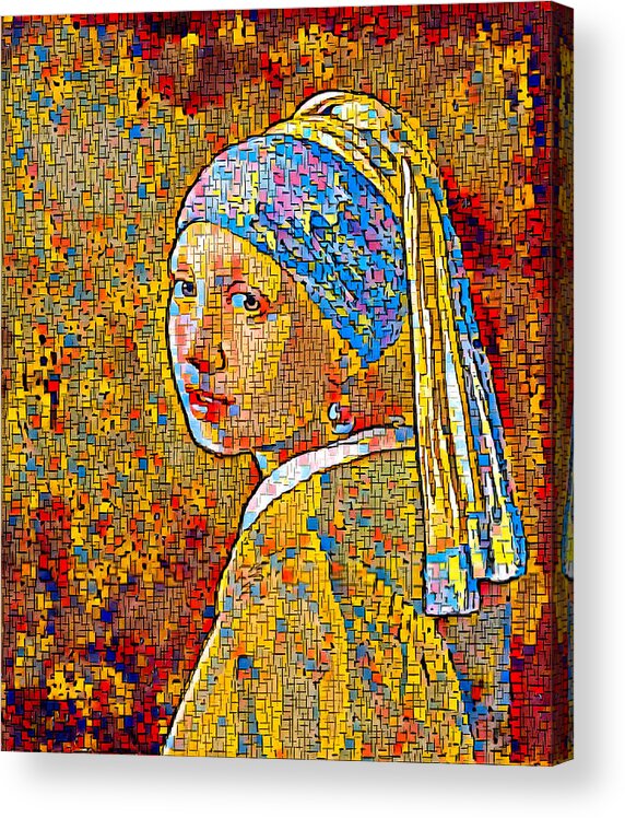 Girl With A Pearl Earring Acrylic Print featuring the digital art Girl with a Pearl Earring by Johannes Vermeer, in the style of Piet Mondrian Composition by Nicko Prints