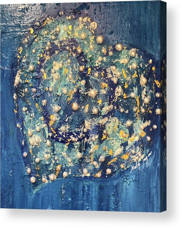 Pearls. Bleu Acrylic Print featuring the painting Le Coeur Bleu by Medge Jaspan