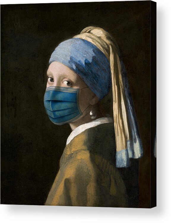 Coronavirus Acrylic Print featuring the digital art Masked Girl with a Pearl Earring by Nikki Marie Smith