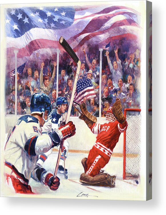 Dennis Lyall Acrylic Print featuring the painting Miracle On Ice - USA Olympic Hockey Wins Over USSR by Dennis Lyall