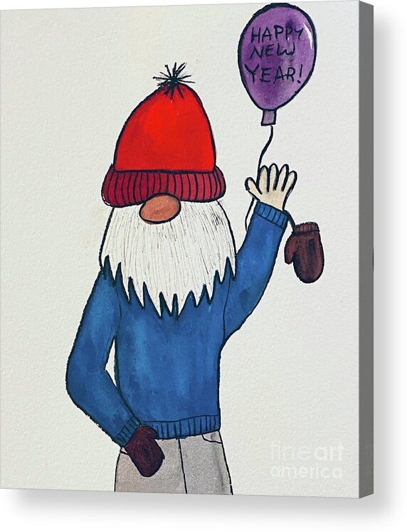 Gnome Acrylic Print featuring the mixed media New Years Gnome by Lisa Neuman