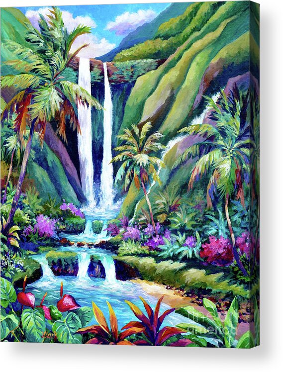 Hawaii Acrylic Print featuring the painting Paradise Falls - Back to Nature by John Clark