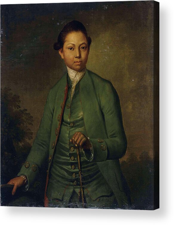 Art History Acrylic Print featuring the painting Portrait of a young man wearing a green jacket holding a cane by J Schult