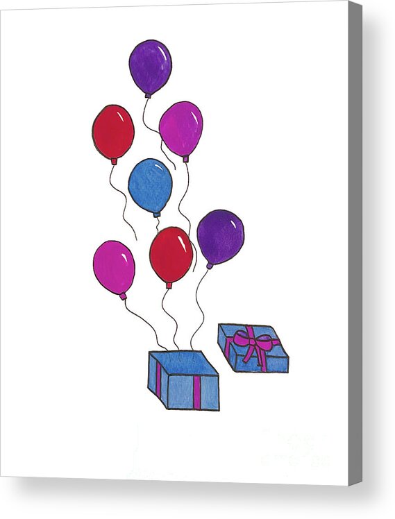 Birthday Acrylic Print featuring the mixed media Present and Balloons by Lisa Neuman
