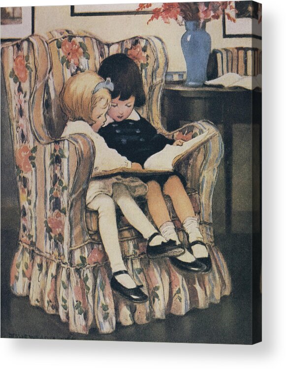 Jessie Willcox Smith Acrylic Print featuring the drawing Reading Together from Good Housekeeping 1920s by Jessie Willcox Smith