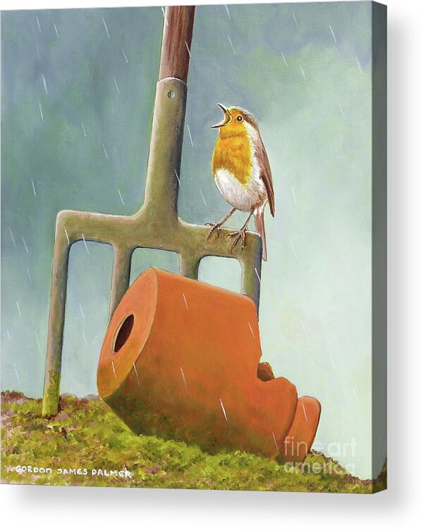 Robin Acrylic Print featuring the painting Singing in the Rain by Gordon Palmer