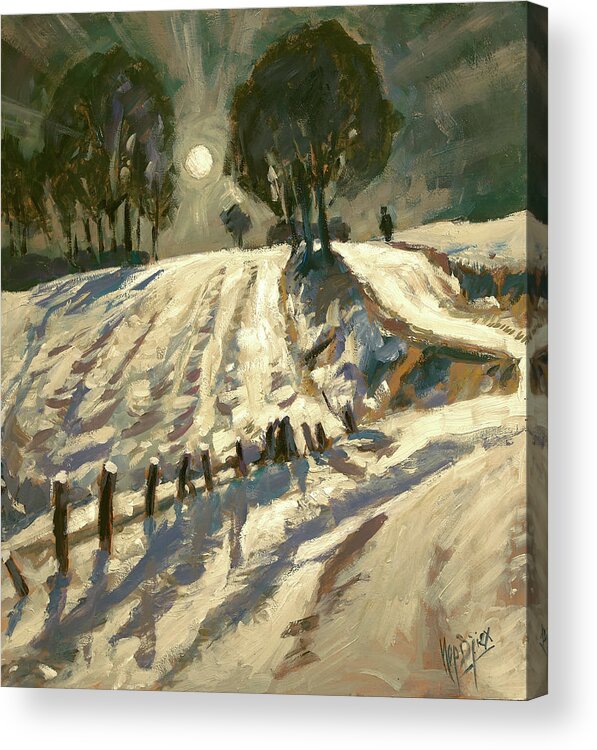 Netherland Acrylic Print featuring the painting Zuid Limburg first snow and full moon by Nop Briex