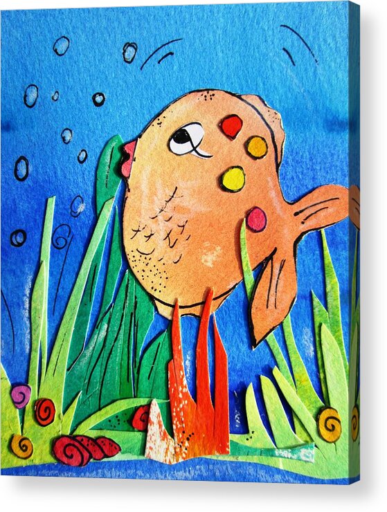 Funny Acrylic Print featuring the painting Cheeky fish -ideal for bathrooms by Mary Cahalan Lee - aka PIXI