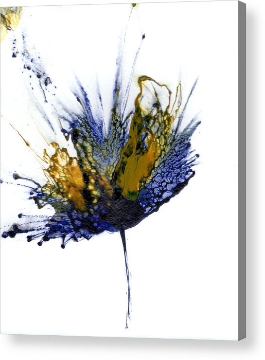 Flower Art Acrylic Print featuring the painting Abstract Flower Navy Blue Yellow 1 by Catherine Jeltes