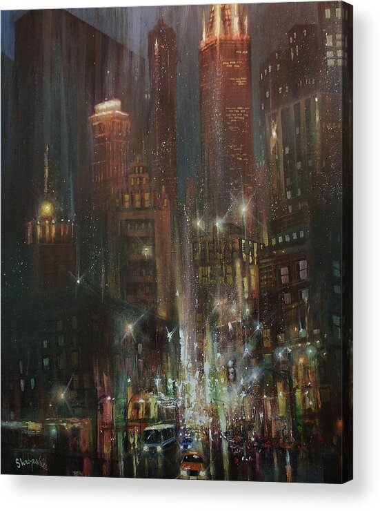  Chicago Acrylic Print featuring the painting Chicago Night by Tom Shropshire